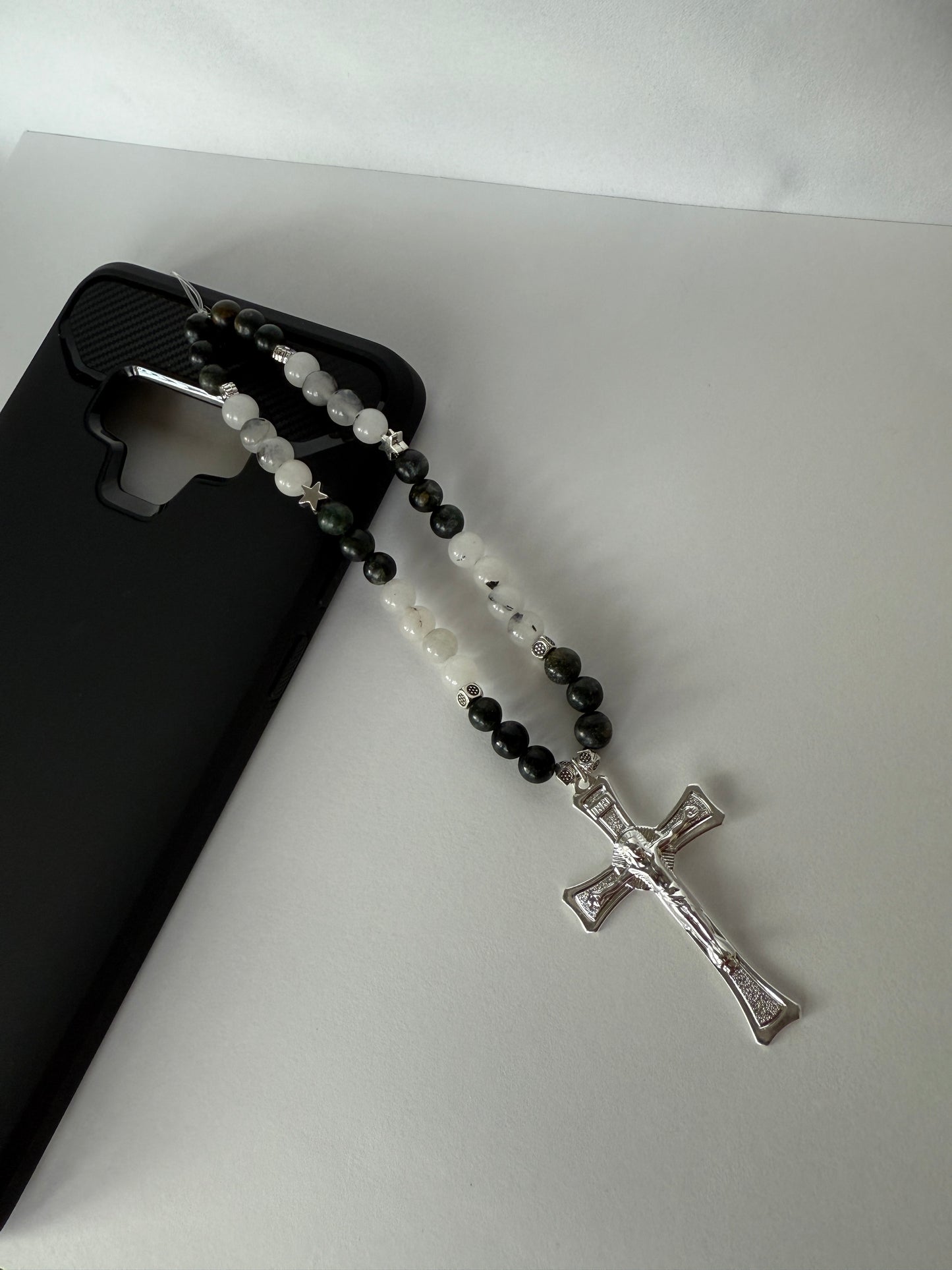 Gemstone Mountain Jade ,Serpentine Phone Charm with Silver Cross , Metal Beads, Stretch Cord, Handmade