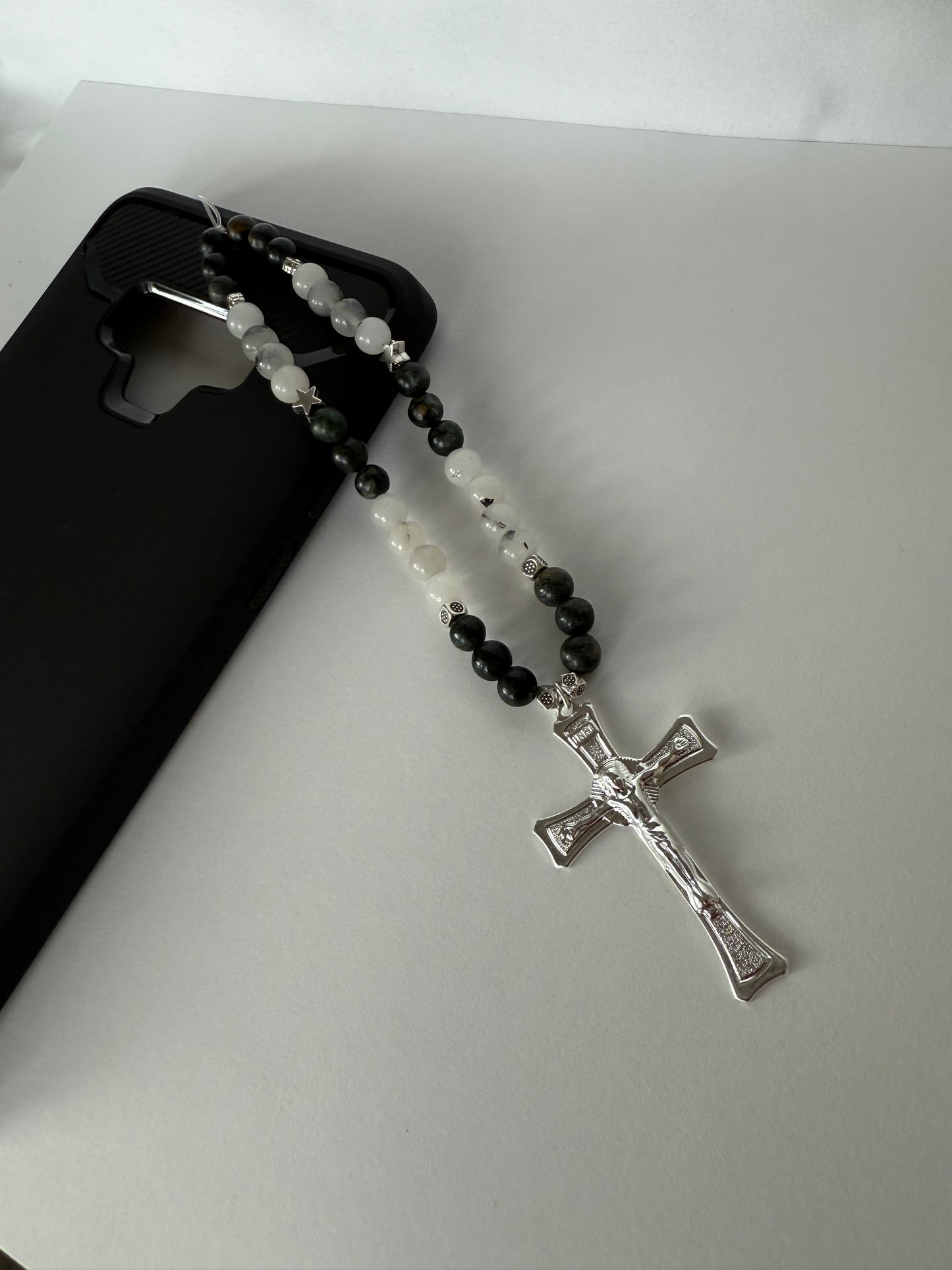 Gemstone Mountain Jade ,Serpentine Phone Charm with Silver Cross , Metal Beads, Stretch Cord, Handmade