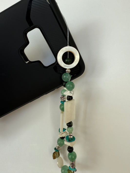 Handmade Green Aventurine Gemstone Phone Charm | Mother of Pearl Accent