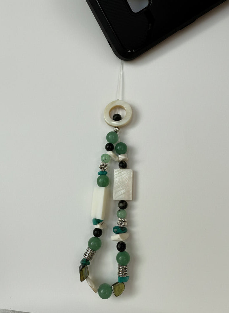 Handmade Green Aventurine Gemstone Phone Charm | Mother of Pearl Accent