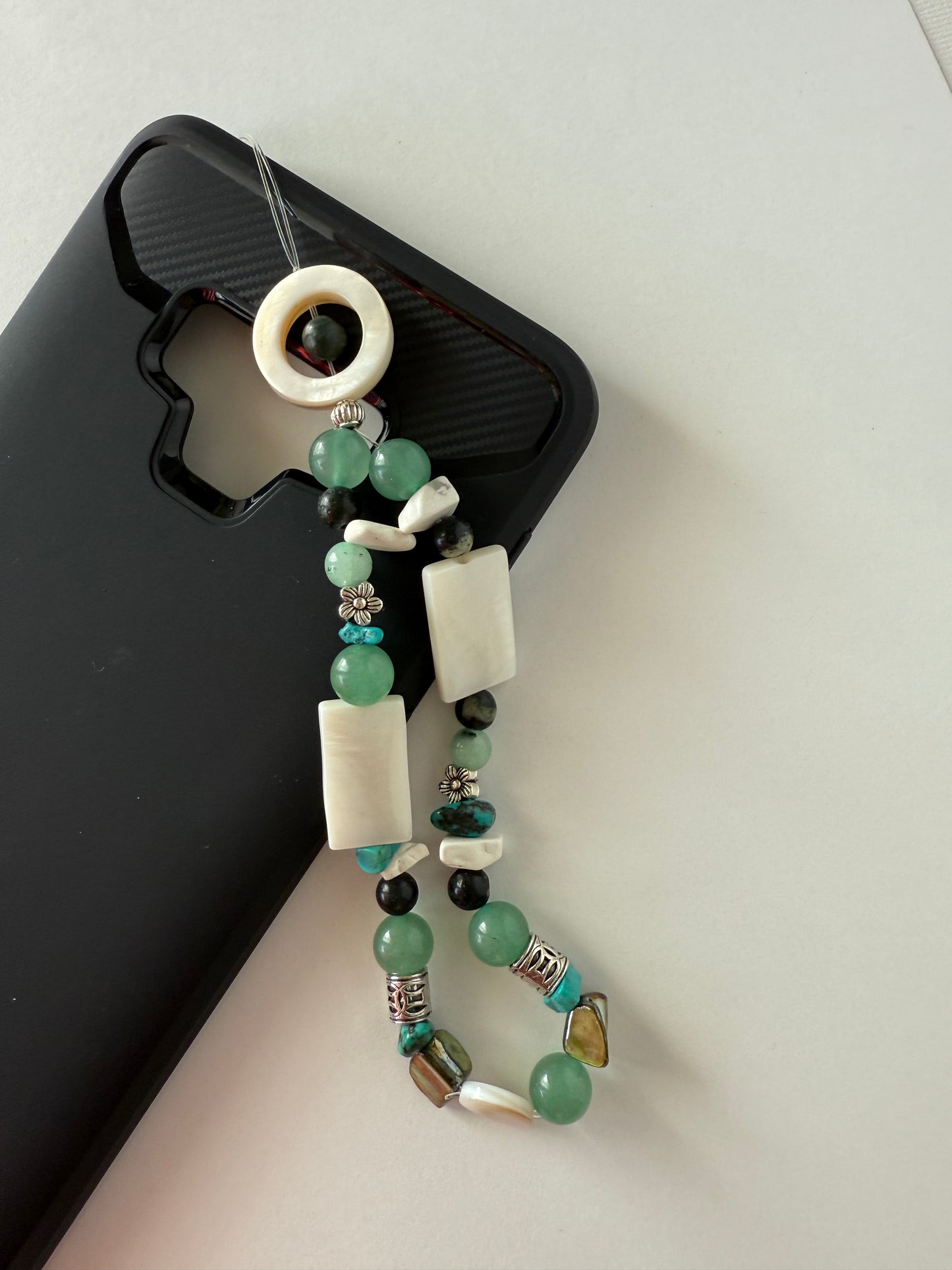 Handmade Green Aventurine Gemstone Phone Charm | Mother of Pearl Accent