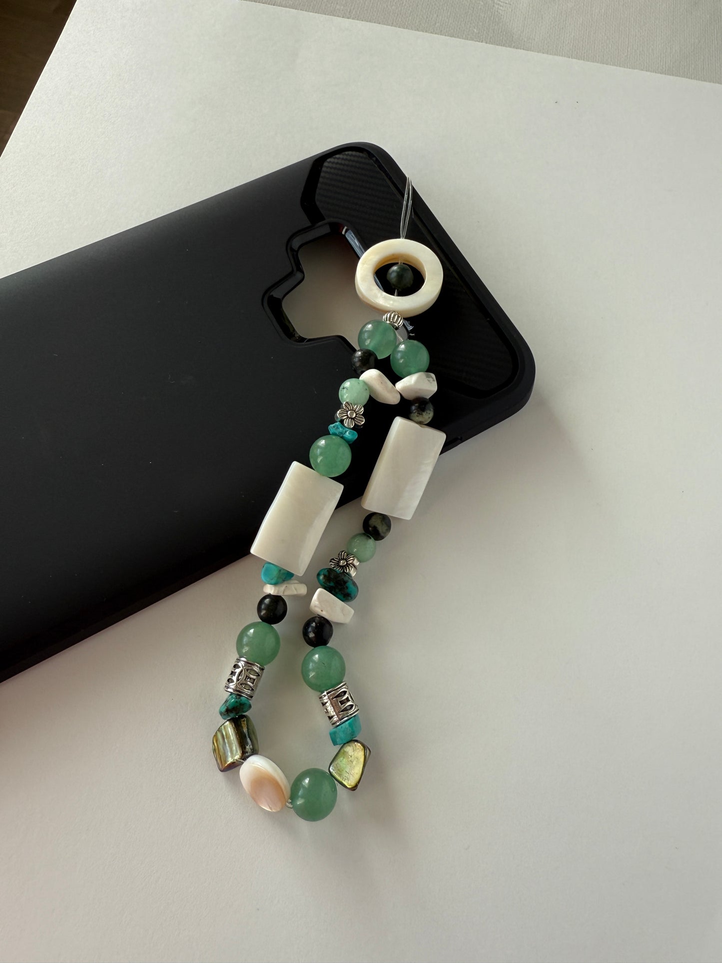 Handmade Green Aventurine Gemstone Phone Charm | Mother of Pearl Accent