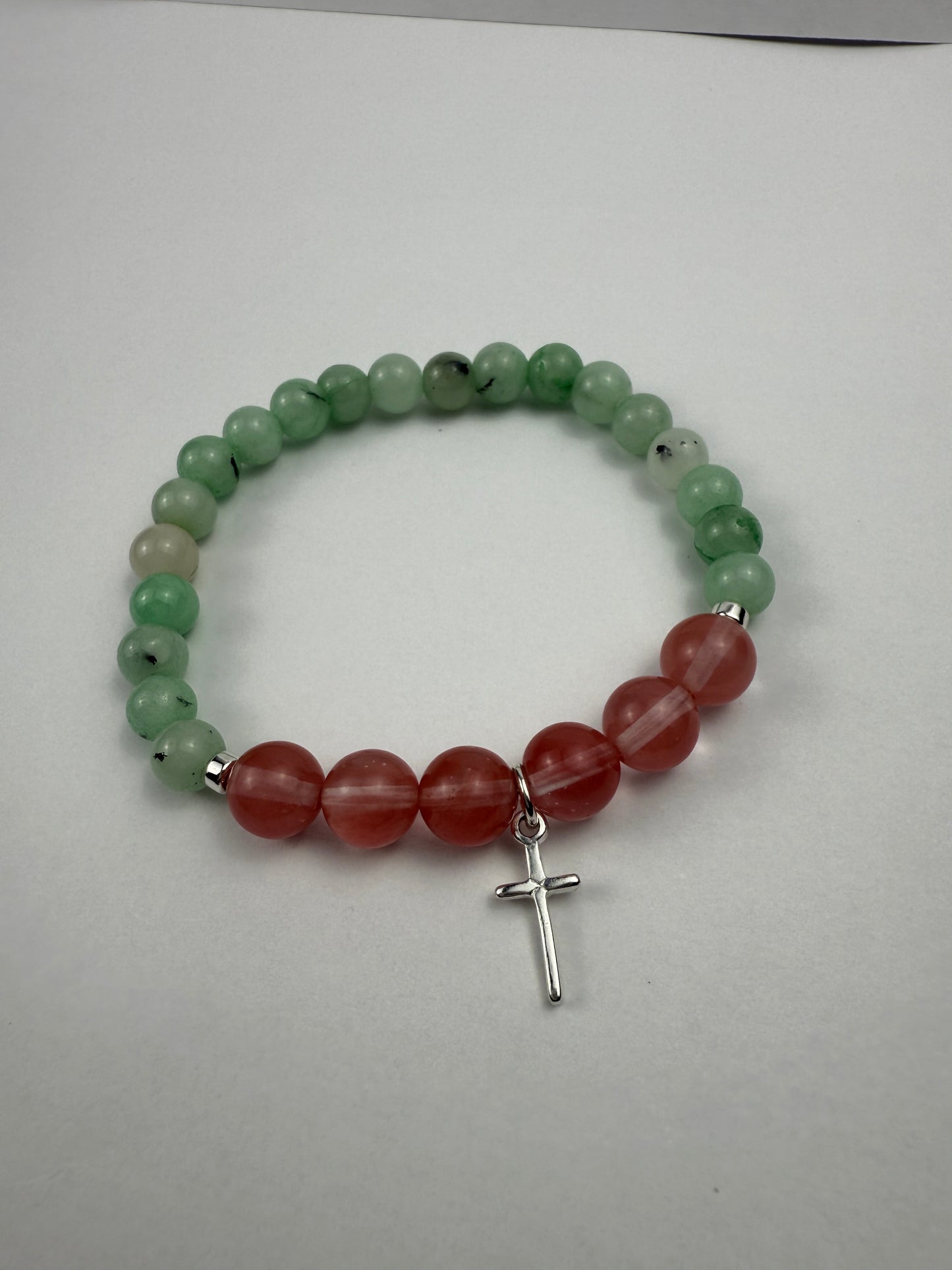 Malaysia Jade & Cherry Quartz Bracelet | Silver Cross Charm, Faith Gift