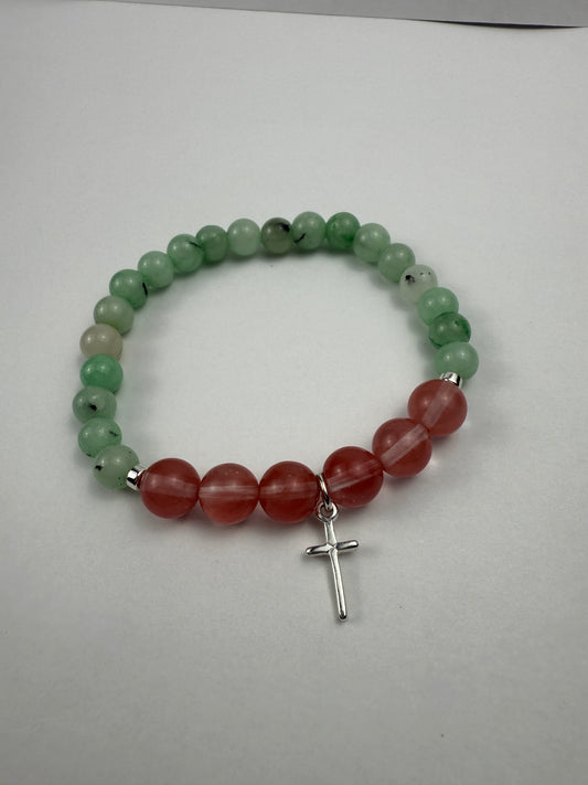 Malaysia Jade & Cherry Quartz Bracelet | Silver Cross Charm, Faith Gift