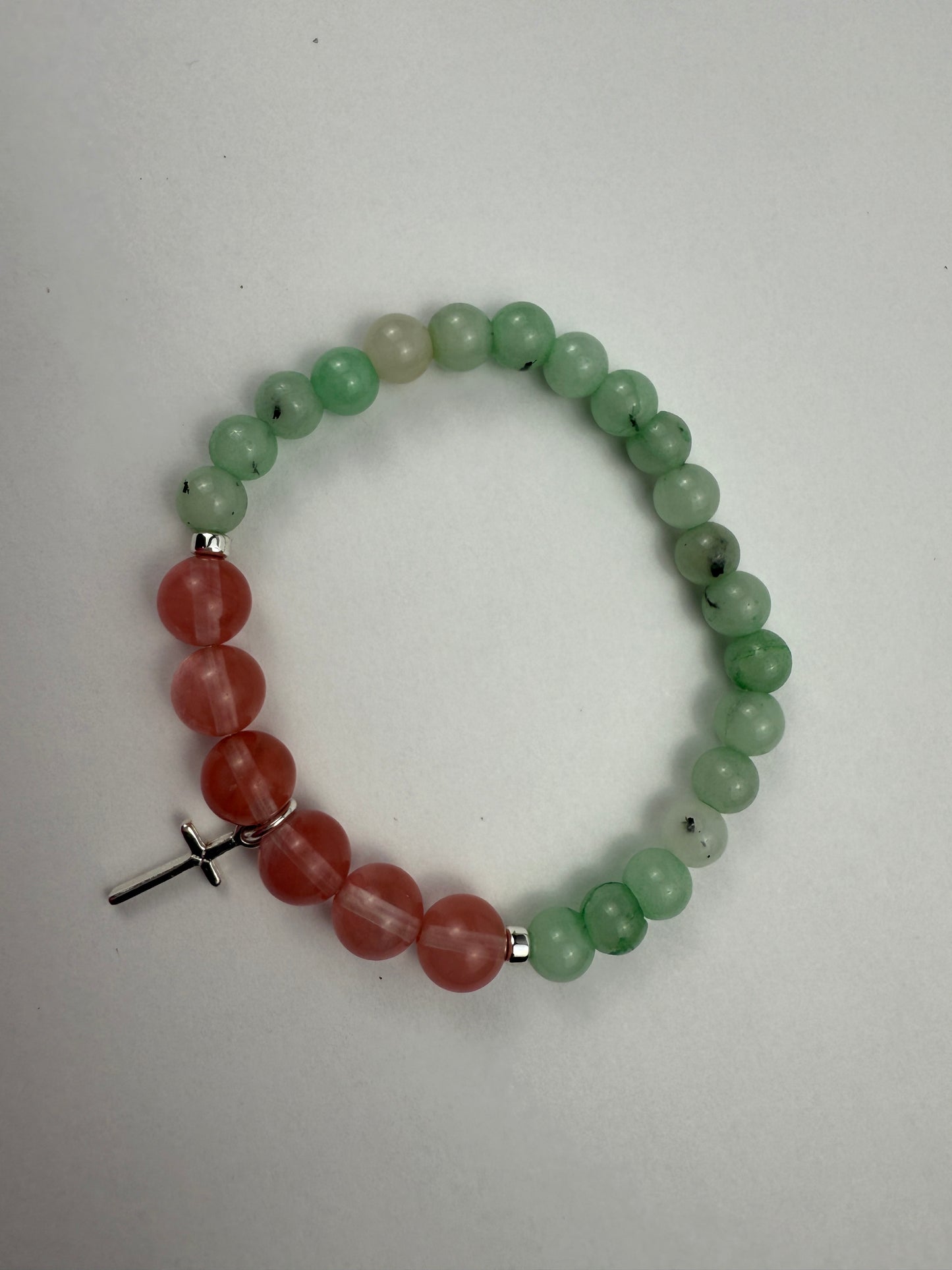 Malaysia Jade & Cherry Quartz Bracelet | Silver Cross Charm, Faith Gift