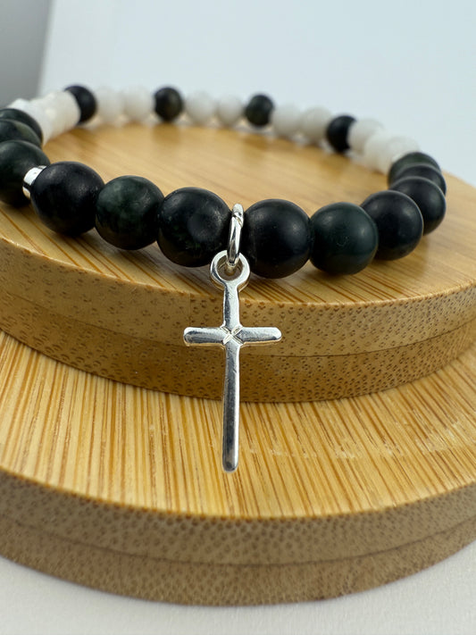 Handmade Green Serpentine & White Mountain Jade Stretch Bracelet | Silver Cross