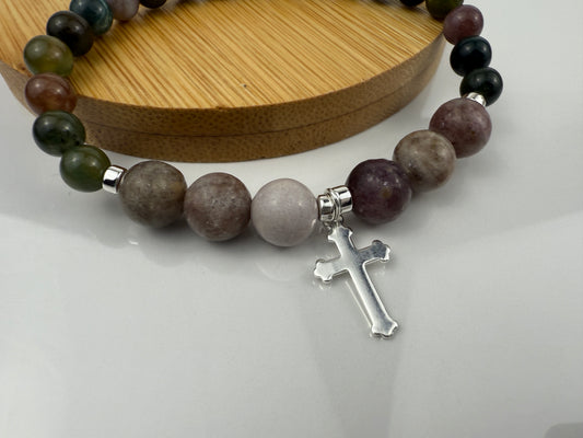 Gemstone Bracelet, Fancy Green Jasper, Lilac Quartz, Hematite, Silver Plated Cross Charm, Stretch Gift
