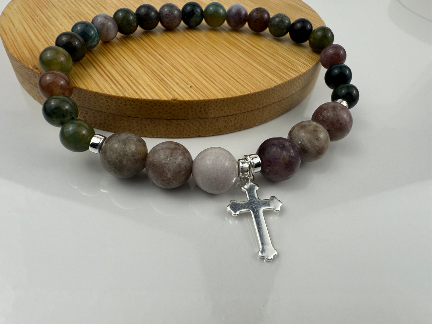 Gemstone Bracelet, Fancy Green Jasper, Lilac Quartz, Hematite, Silver Plated Cross Charm, Stretch Gift