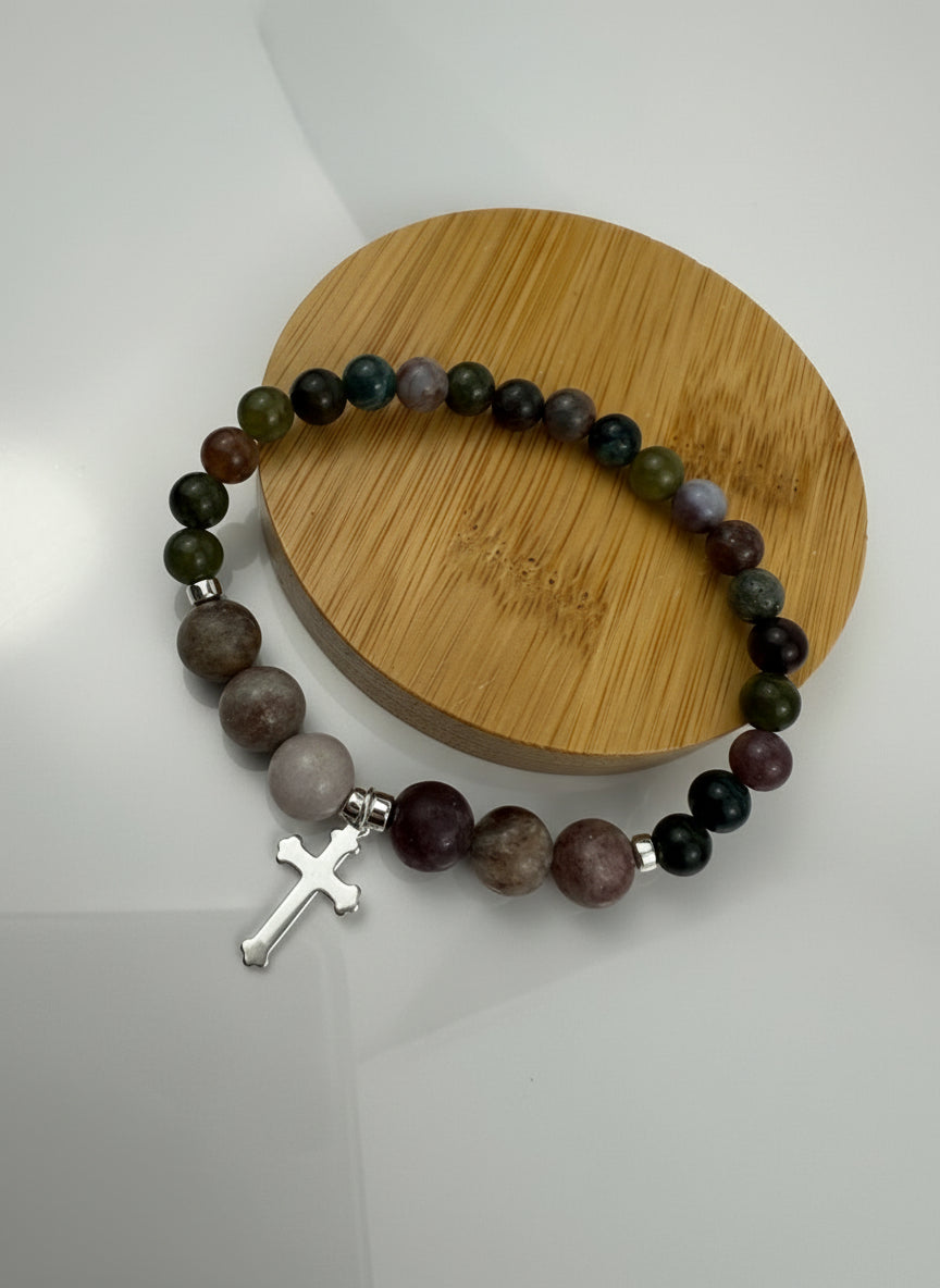 Gemstone Bracelet, Fancy Green Jasper, Lilac Quartz, Hematite, Silver Plated Cross Charm, Stretch Gift