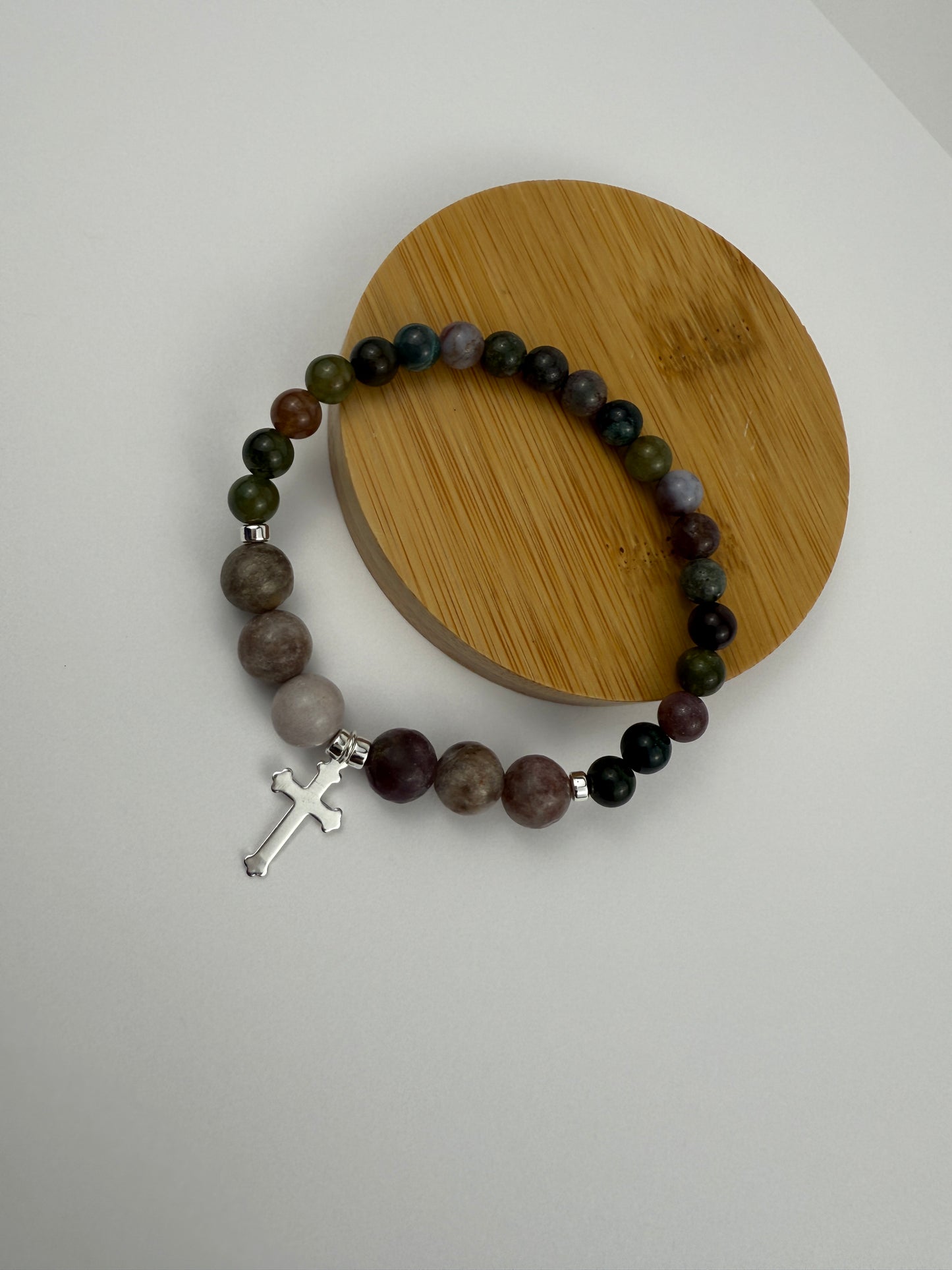 Gemstone Bracelet, Fancy Green Jasper, Lilac Quartz, Hematite, Silver Plated Cross Charm, Stretch Gift