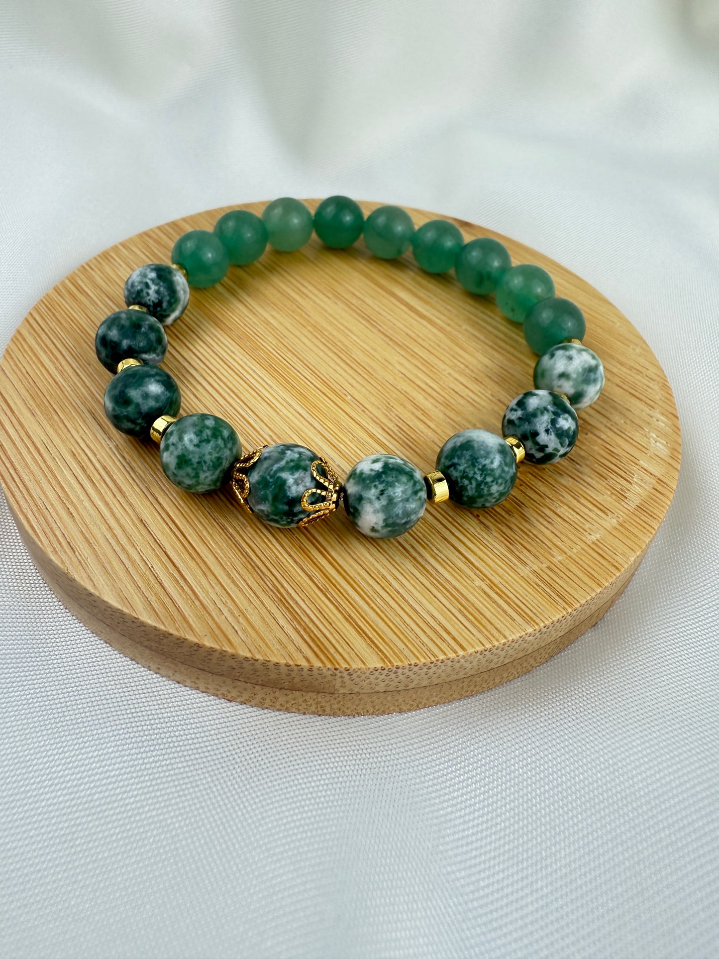 Handmade Tree Agate Aventurine Bracelet, Gold-Plated Gemstone Jewelry, Stretch beaded jewelry Gift for Her