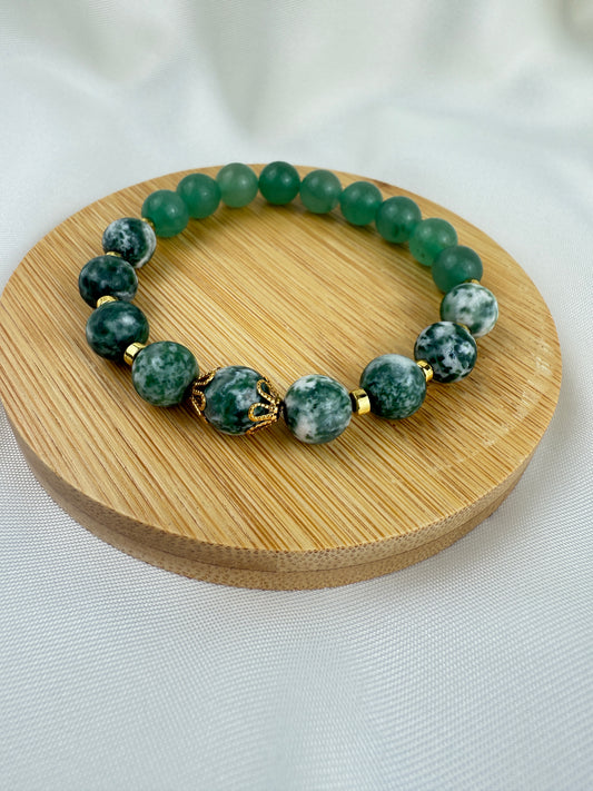 Handmade Tree Agate Aventurine Bracelet, Gold-Plated Gemstone Jewelry, Stretch beaded jewelry Gift for Her