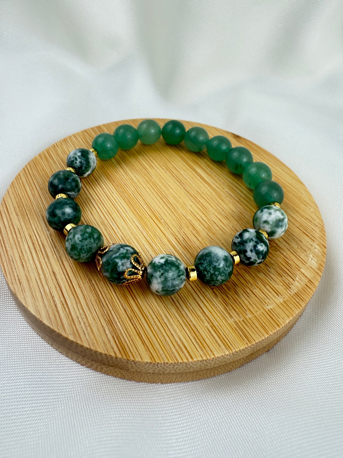 Handmade Tree Agate Aventurine Bracelet, Gold-Plated Gemstone Jewelry, Stretch beaded jewelry Gift for Her