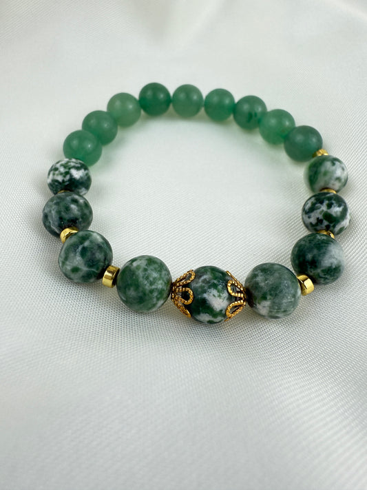 Handmade Tree Agate Aventurine Bracelet, Gold-Plated Gemstone Jewelry, Stretch beaded jewelry Gift for Her