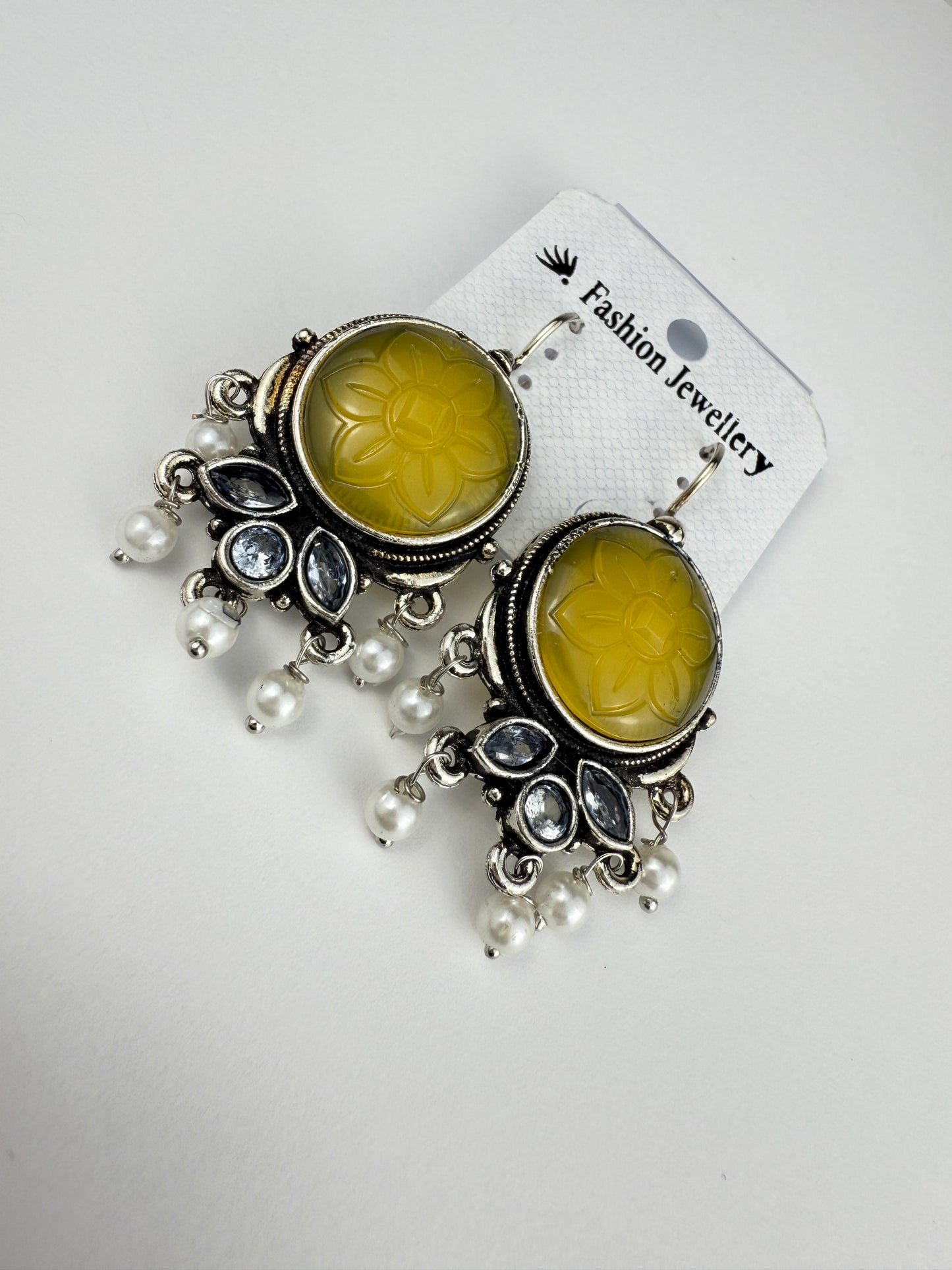 Floral Yellow Statement Earrings with Pearl Drops | Vintage-Inspired Jewelry
