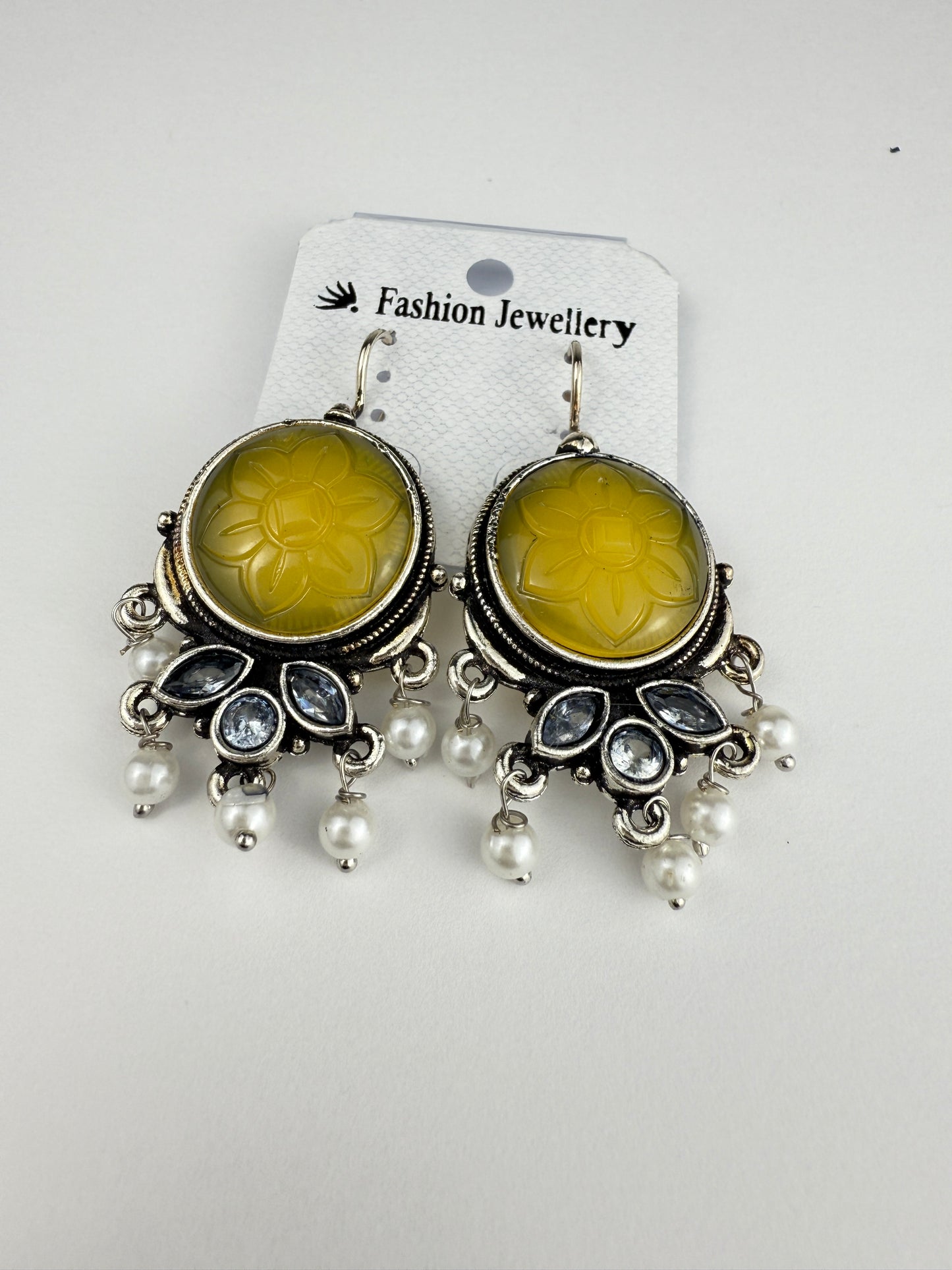 Floral Yellow Statement Earrings with Pearl Drops | Vintage-Inspired Jewelry