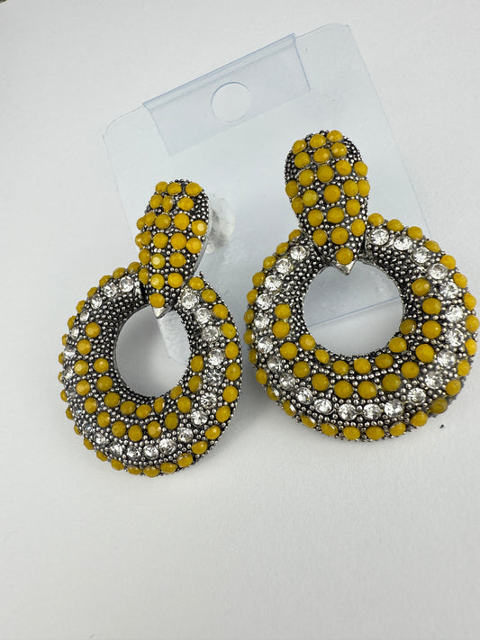 Gold Circular Statement Earrings with Yellow & Crystal Accents | Modern Fashion Jewelry