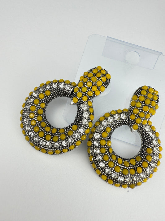 Gold Circular Statement Earrings with Yellow & Crystal Accents | Modern Fashion Jewelry