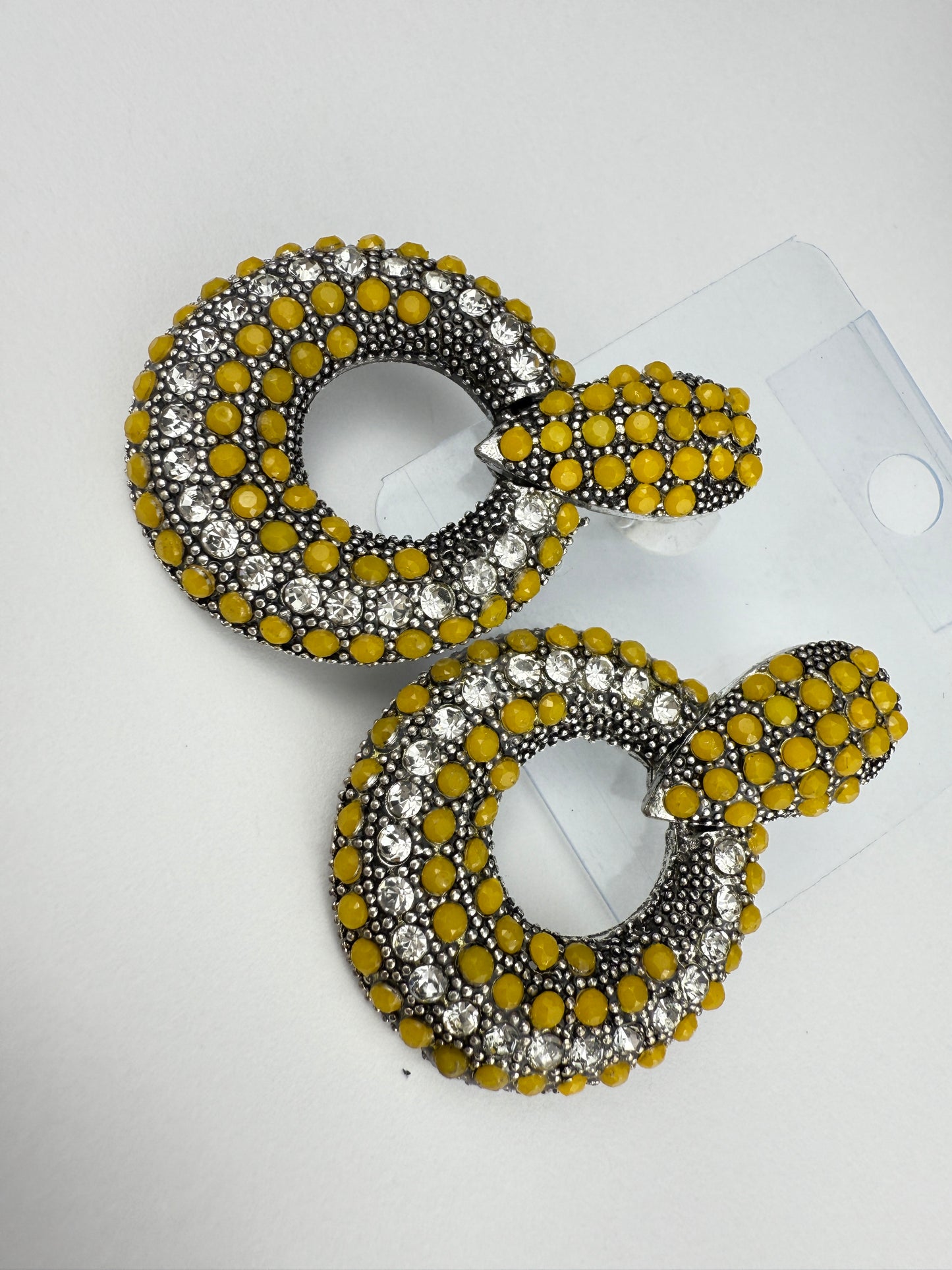 Gold Circular Statement Earrings with Yellow & Crystal Accents | Modern Fashion Jewelry