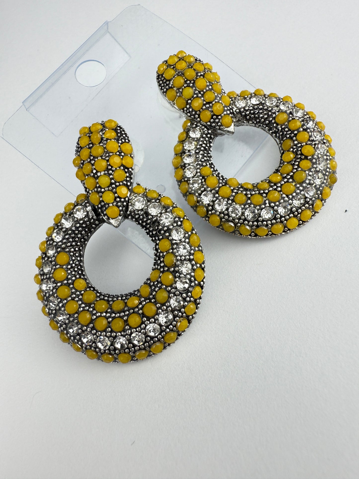 Gold Circular Statement Earrings with Yellow & Crystal Accents | Modern Fashion Jewelry