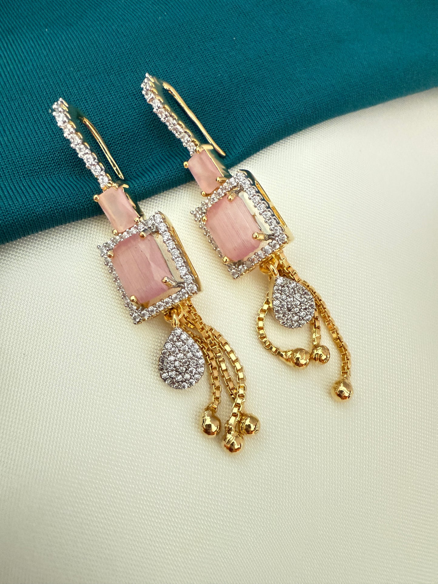 Pink Stone Drop Earrings with Gold Chain Tassel - Party Wear