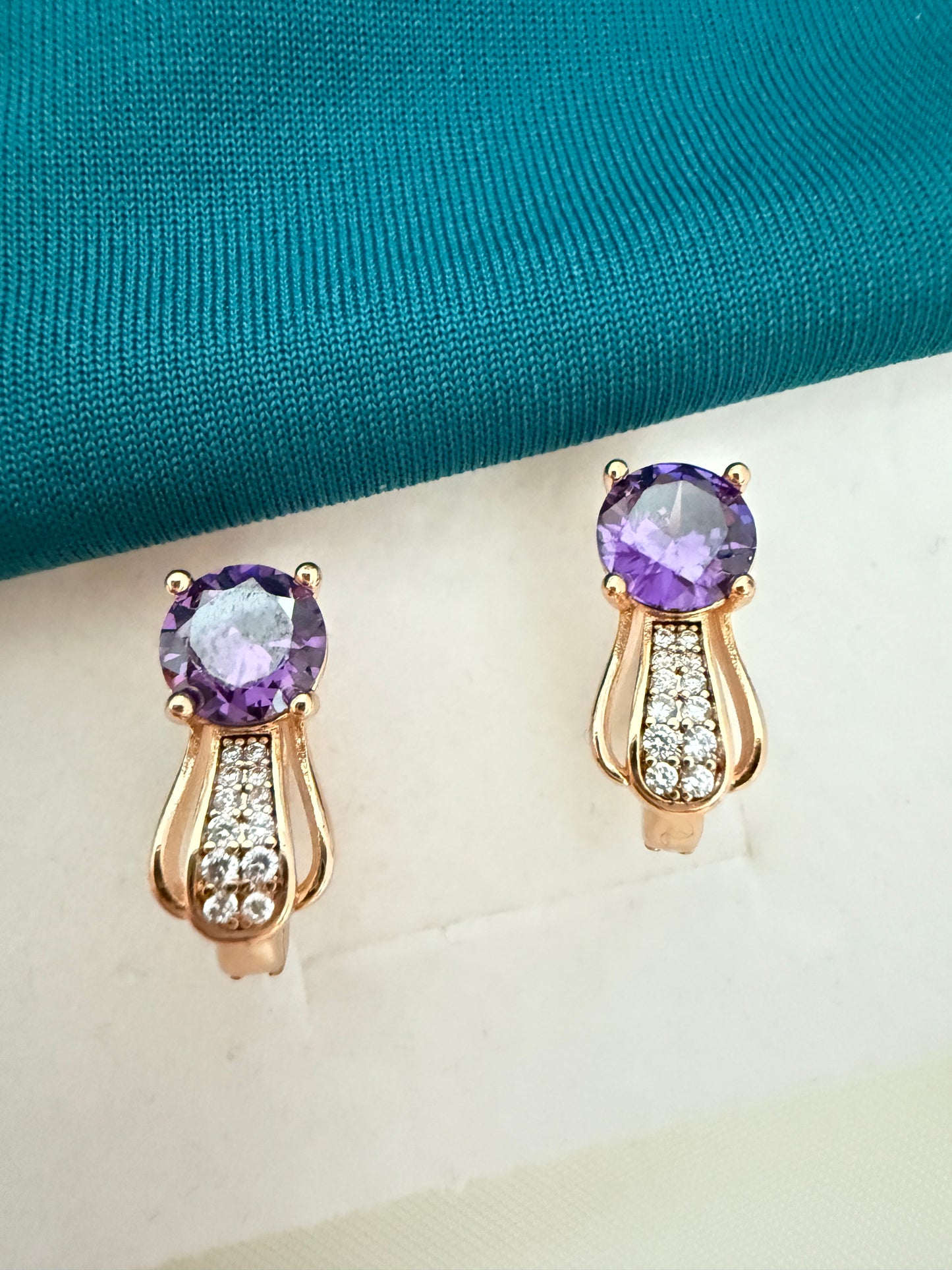 Gold Hoop Earrings with Round Purple Stone