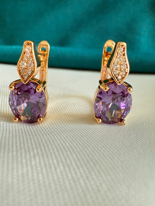 Gold Hoop Earrings with Purple Stone