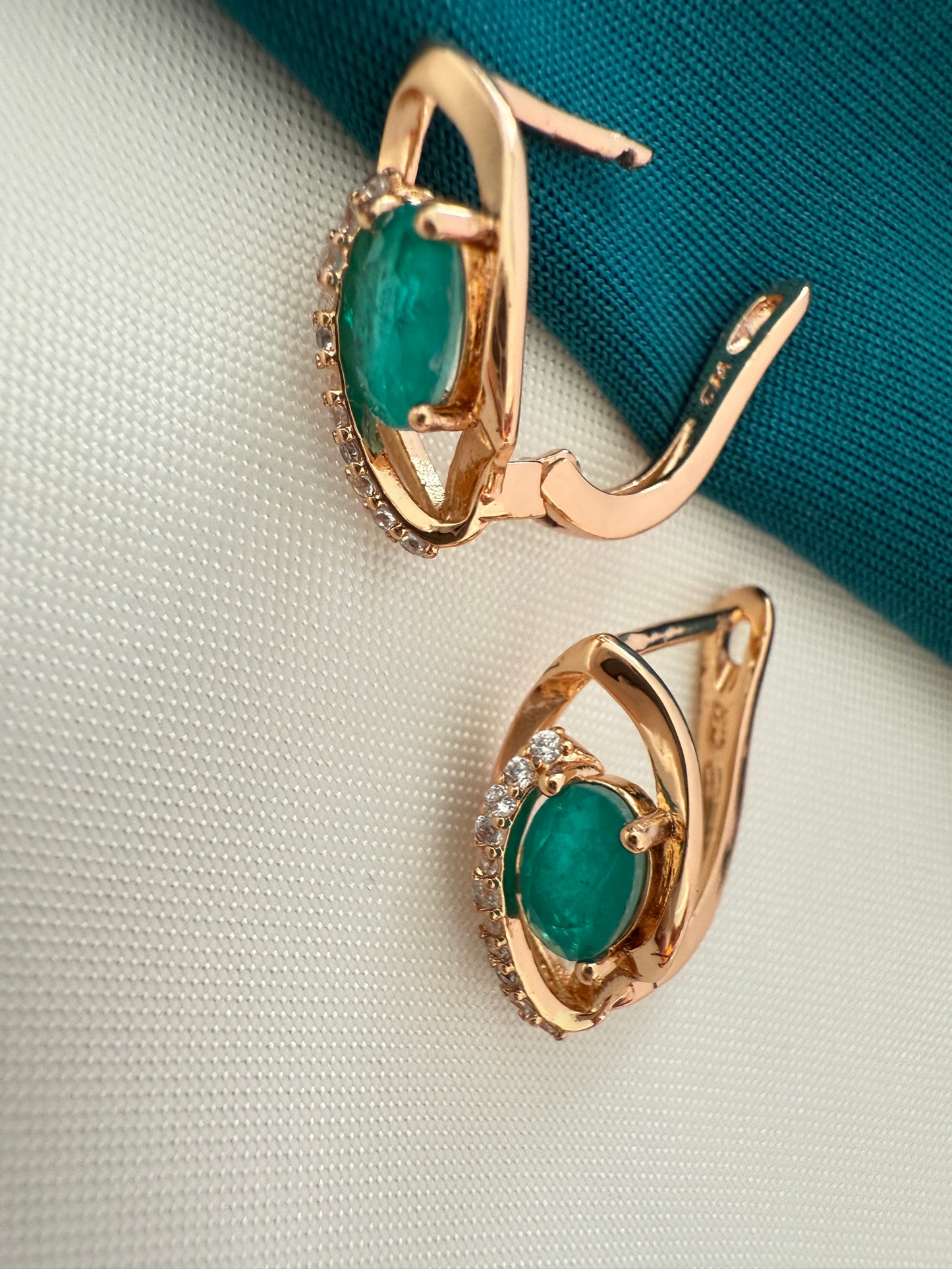 Emerald Green Hoop Earrings with Gold Tone & Crystal Accents