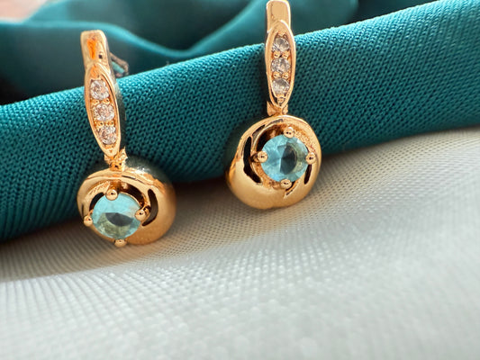 Gold Hoop Earrings with Aqua Crystal