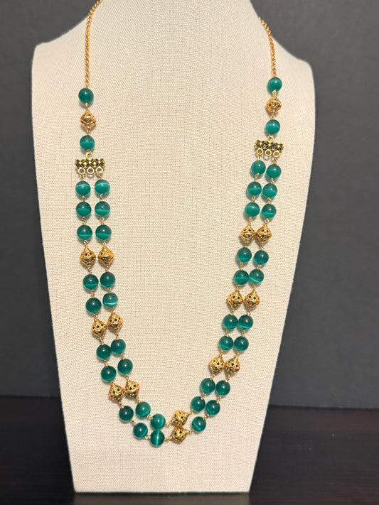 Teal & Gold Double-Strand Beaded Necklace