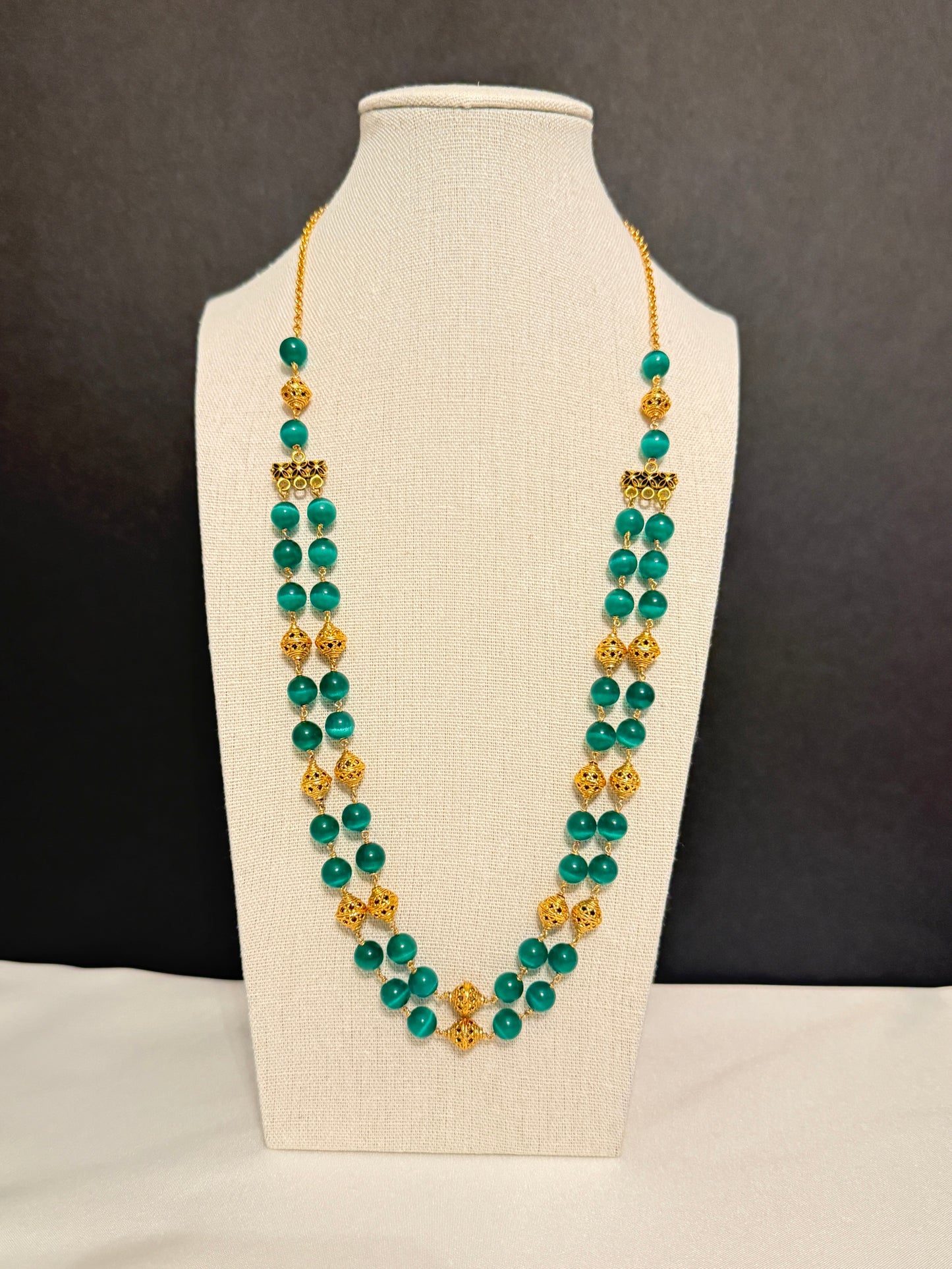 Teal & Gold Double-Strand Beaded Necklace