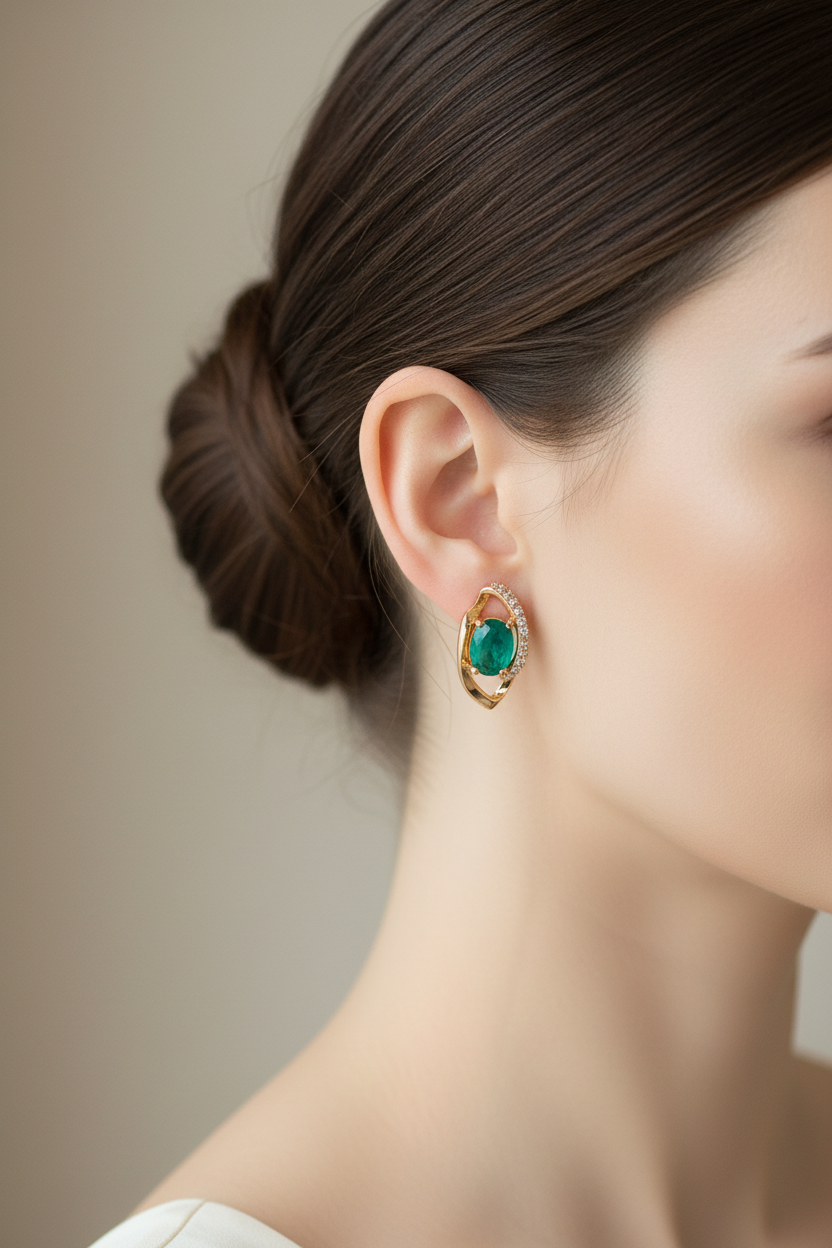 Close-up lifestyle image of model wearing emerald earrings