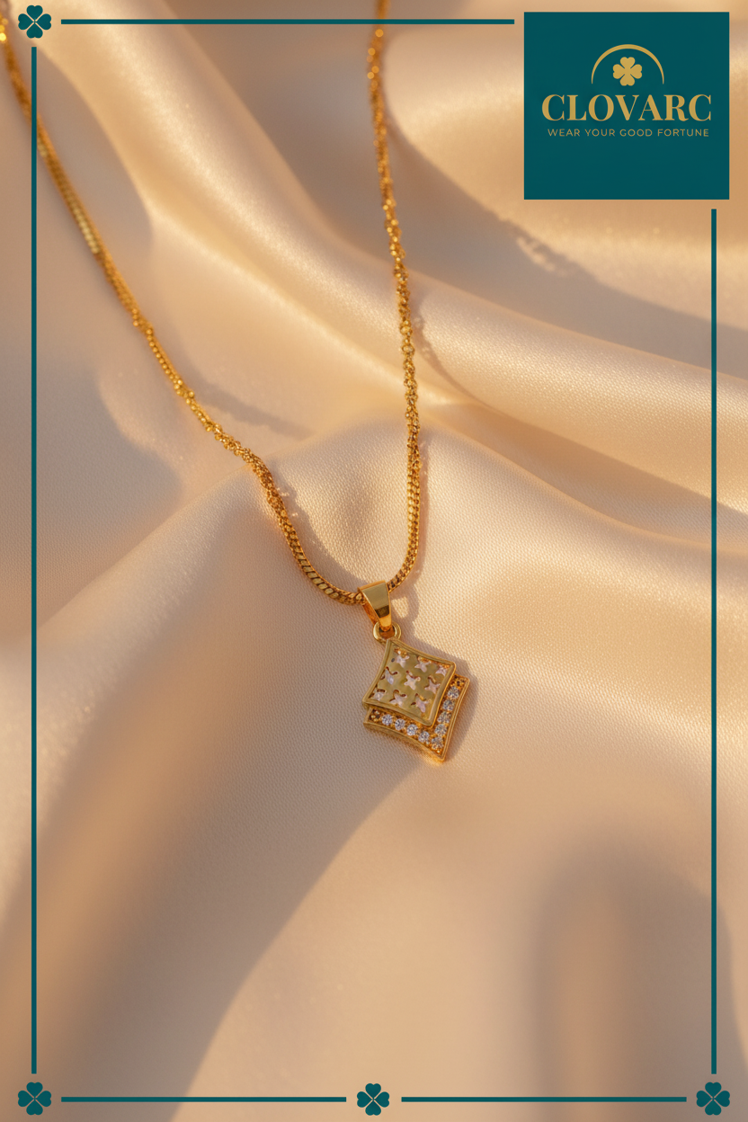 ClovArc Pinterest pin - Gold necklace champagne silk background