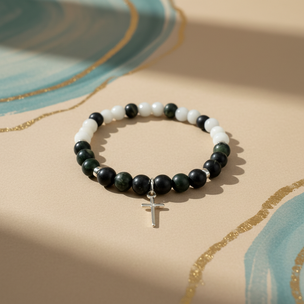 Green Serpentine & White Mountain Jade bracelet with branded background