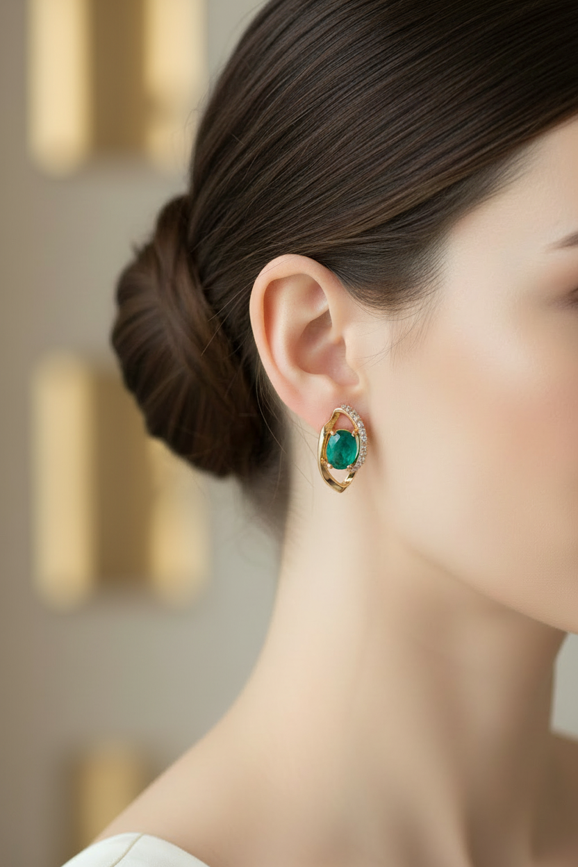 Model wearing emerald green hoop earrings