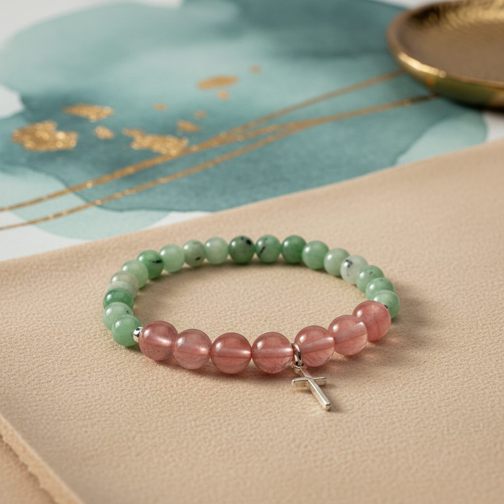 Malaysia Jade & Cherry Quartz bracelet with branded background