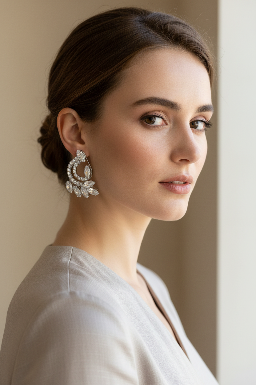 Model Wearing Crystal Crescent Earrings