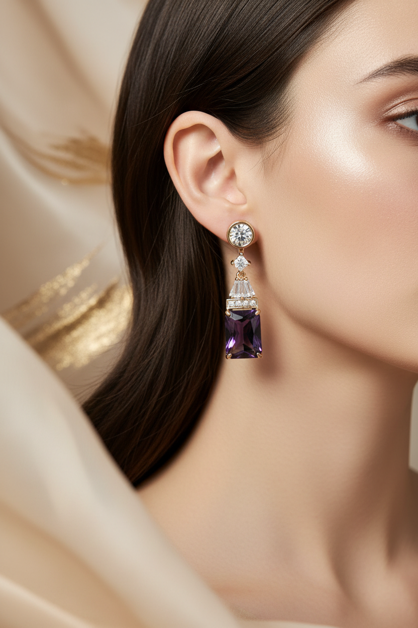Model wearing crystal drop earrings