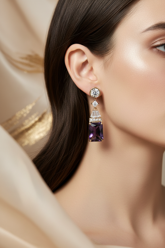 Model wearing crystal drop earrings