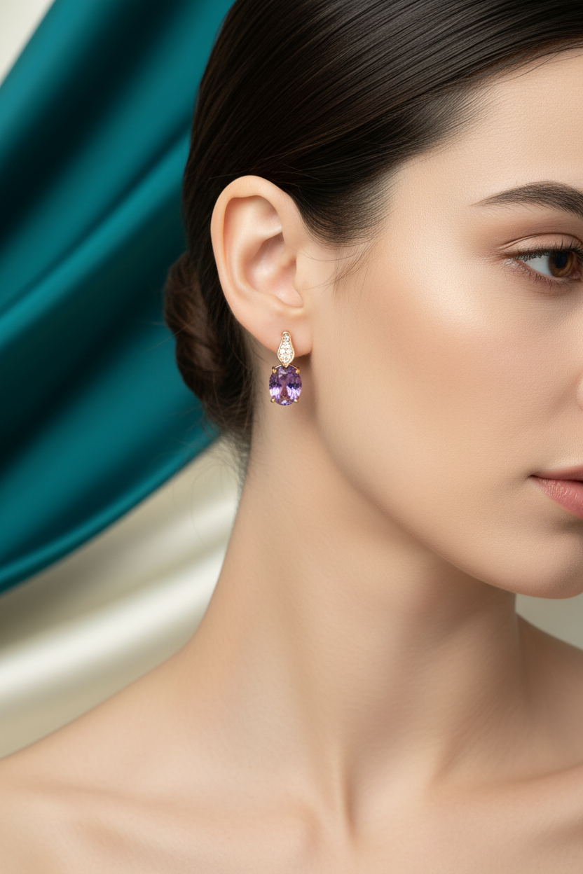 Model wearing purple stone hoop earrings