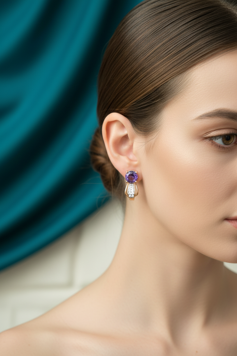 Model wearing purple stone hoop earrings
