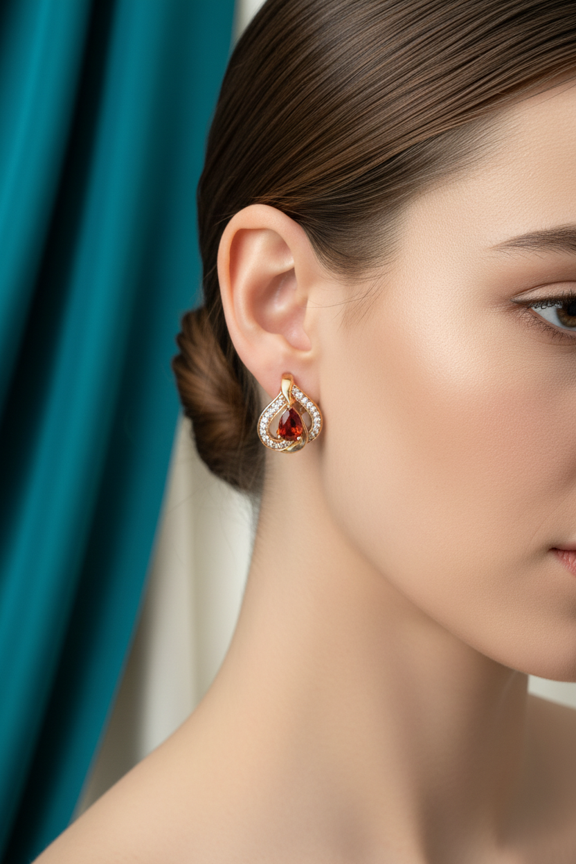Model wearing red stone hoop earrings