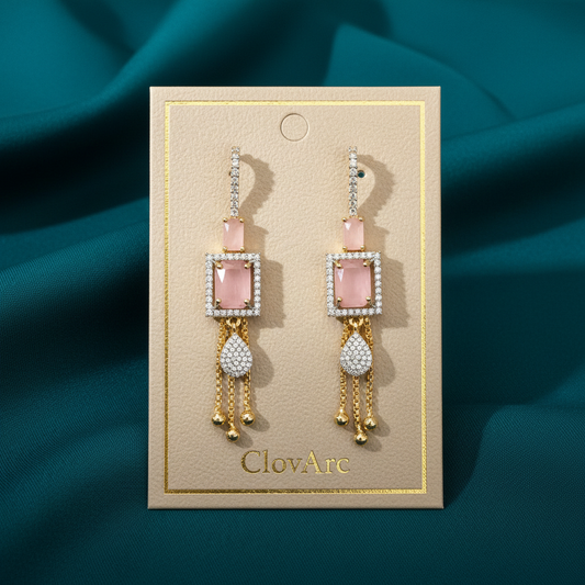 Pink Stone Drop Earrings on ClovArc Display Card