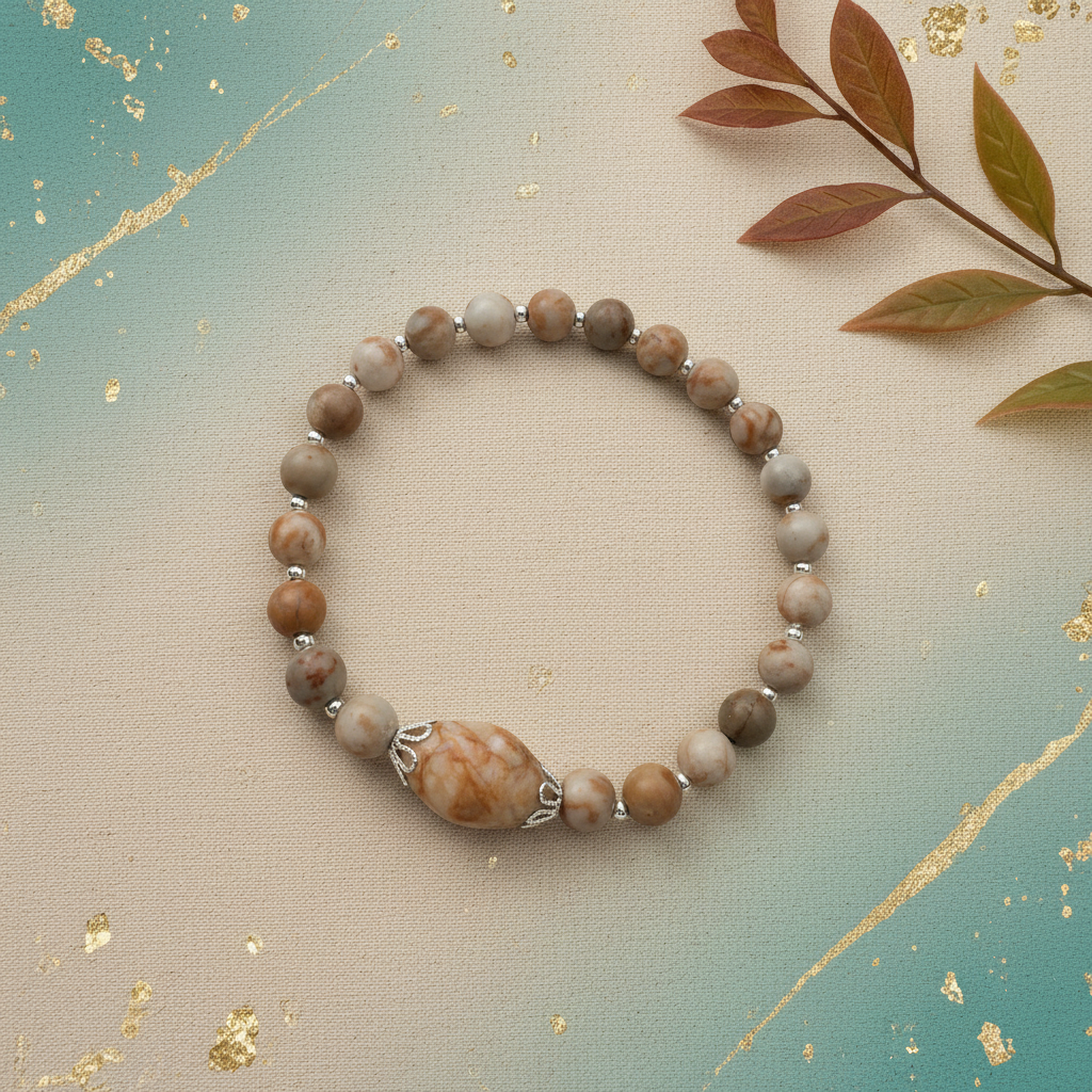 Red Spot Marble & Hematite bracelet with branded background